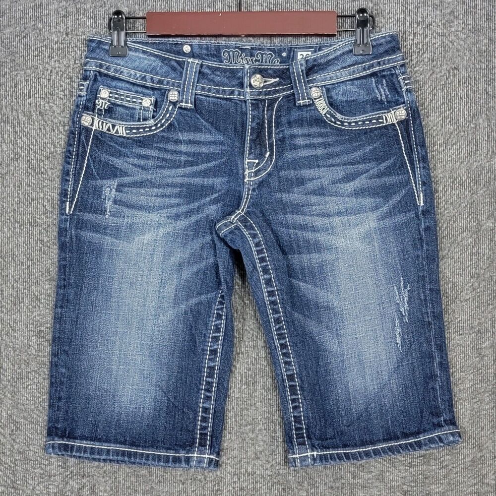 Miss Me Shorts Womens 28 Blue Bermuda Flap Pockets Embroidered Embellished Bling